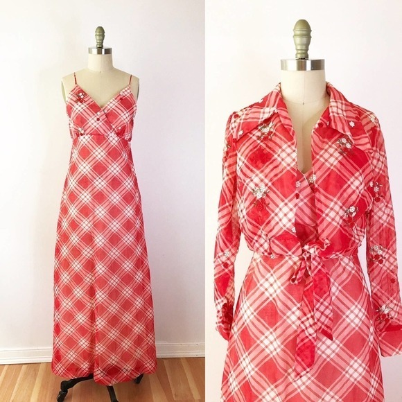 70s Gingham Maxi Dress Red Picnic Long Embroidered Garden Longsleeve 2 Piece Set - Picture 1 of 10